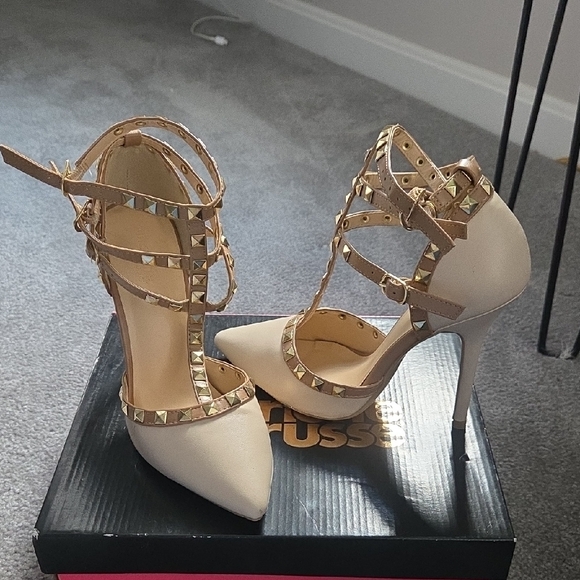Charlotte Russe Shoes - Pointed T-Strap Studded High Heels in Light Beige